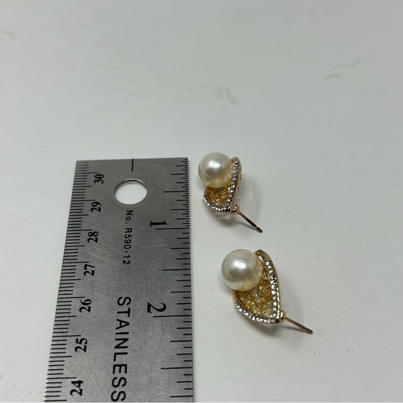 Gold Tone Swirl Faux Pearl Drop Stud Earrings with Rhinestones - Picture 8 of 8